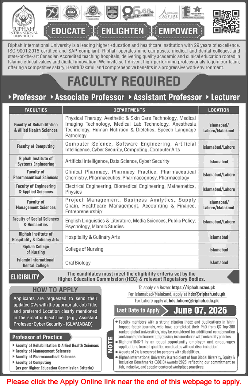 Riphah International University teaching faculty jobs 2026 advertisement.
