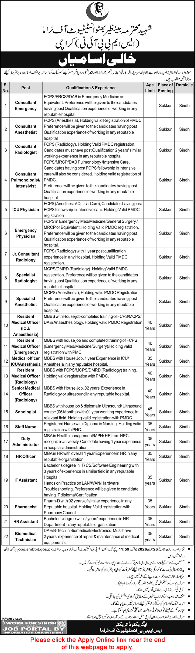 SMBBIT Sukkur Jobs 2026 Consultants Doctors Nurses Advertisement