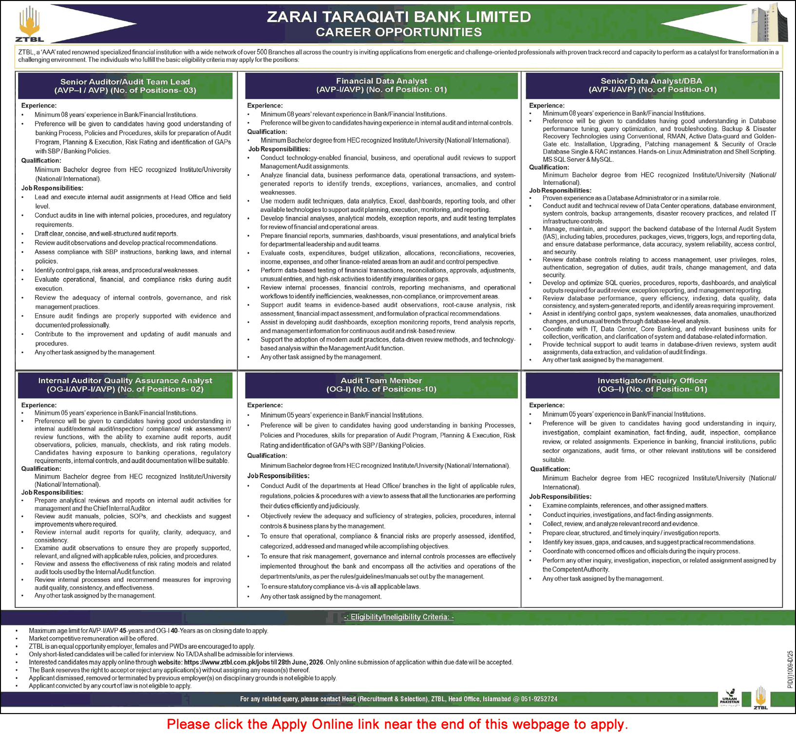 ZTBL Jobs 2026 Audit and Analyst Vacancies Advertisement