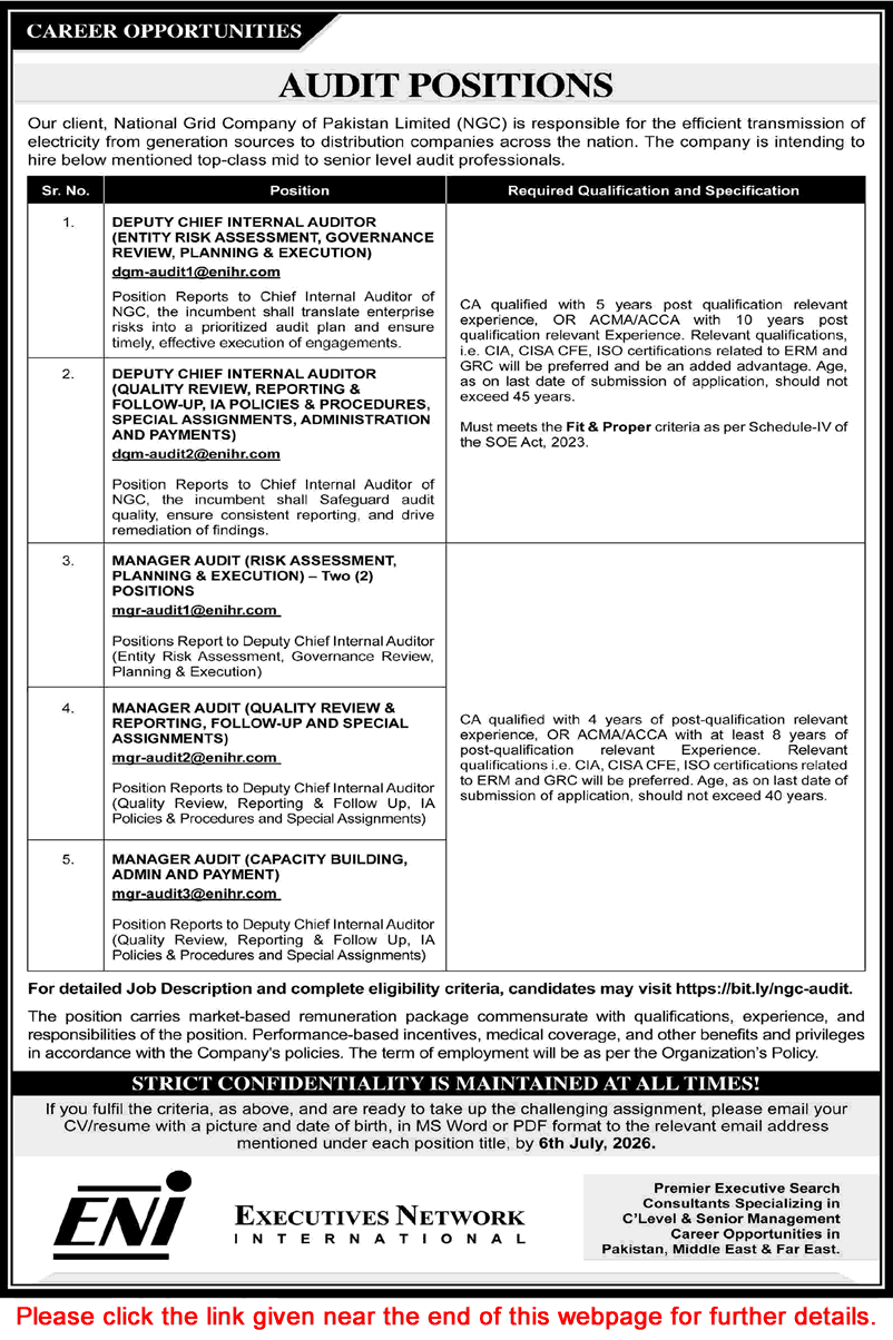 National Grid Company Pakistan Audit Jobs June 2026 advertisement