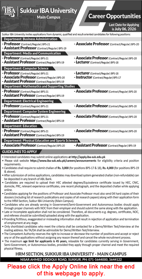 Sukkur IBA University Faculty Jobs 2026 advertisement for Professors