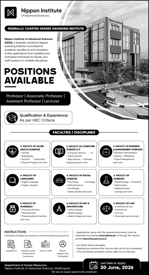 NIAS Sheikhupura Jobs June 2026 advertisement for Professor