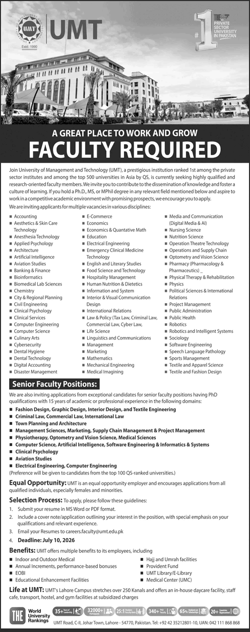 UMT Lahore faculty jobs 2026 teaching and senior positions for PhD and MS candidates apply online