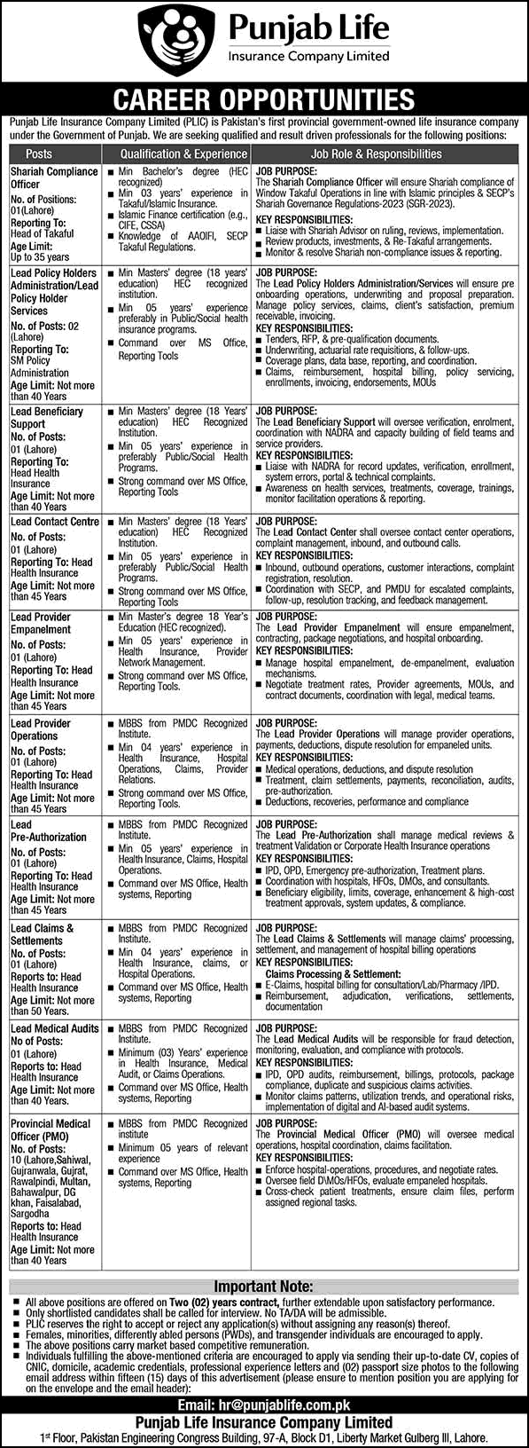 Punjab Life Insurance Company PLIC Jobs May 2026 advertisement for Provincial Medical Officers