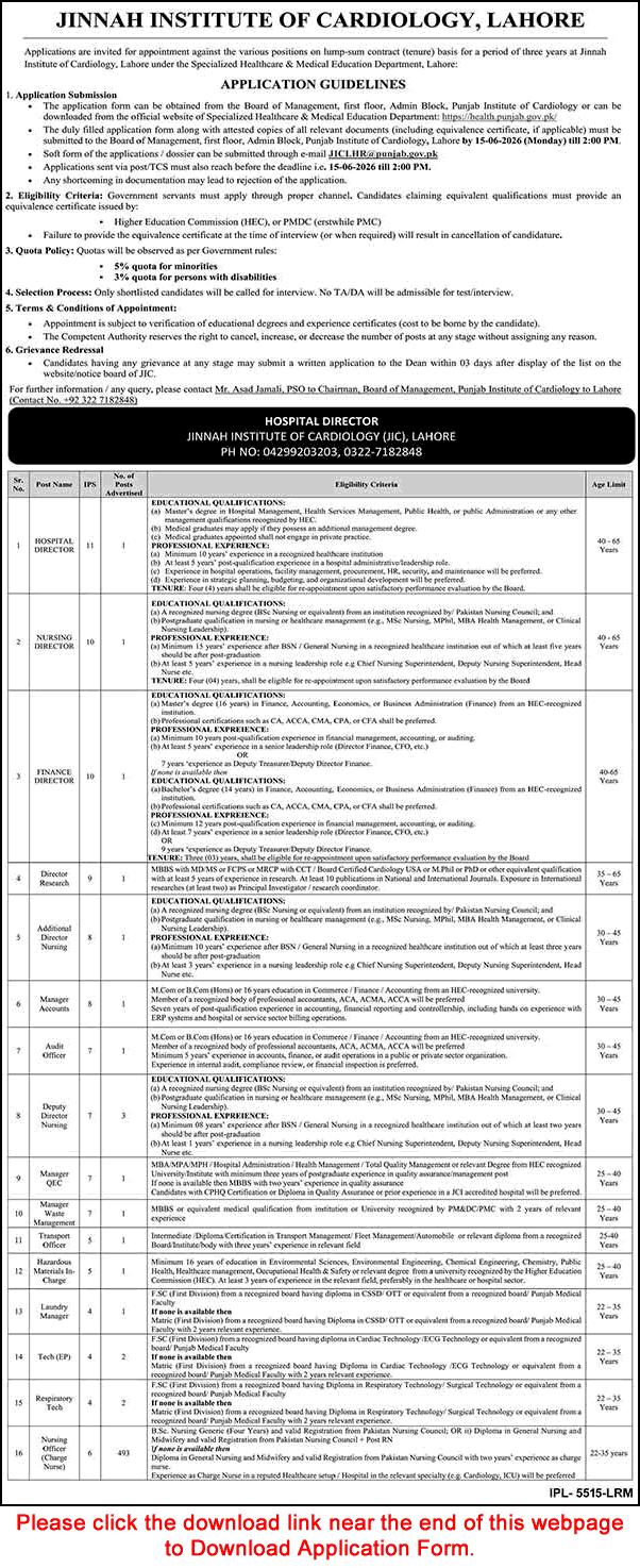 Jinnah Institute of Cardiology Lahore Jobs 2026 Advertisement
