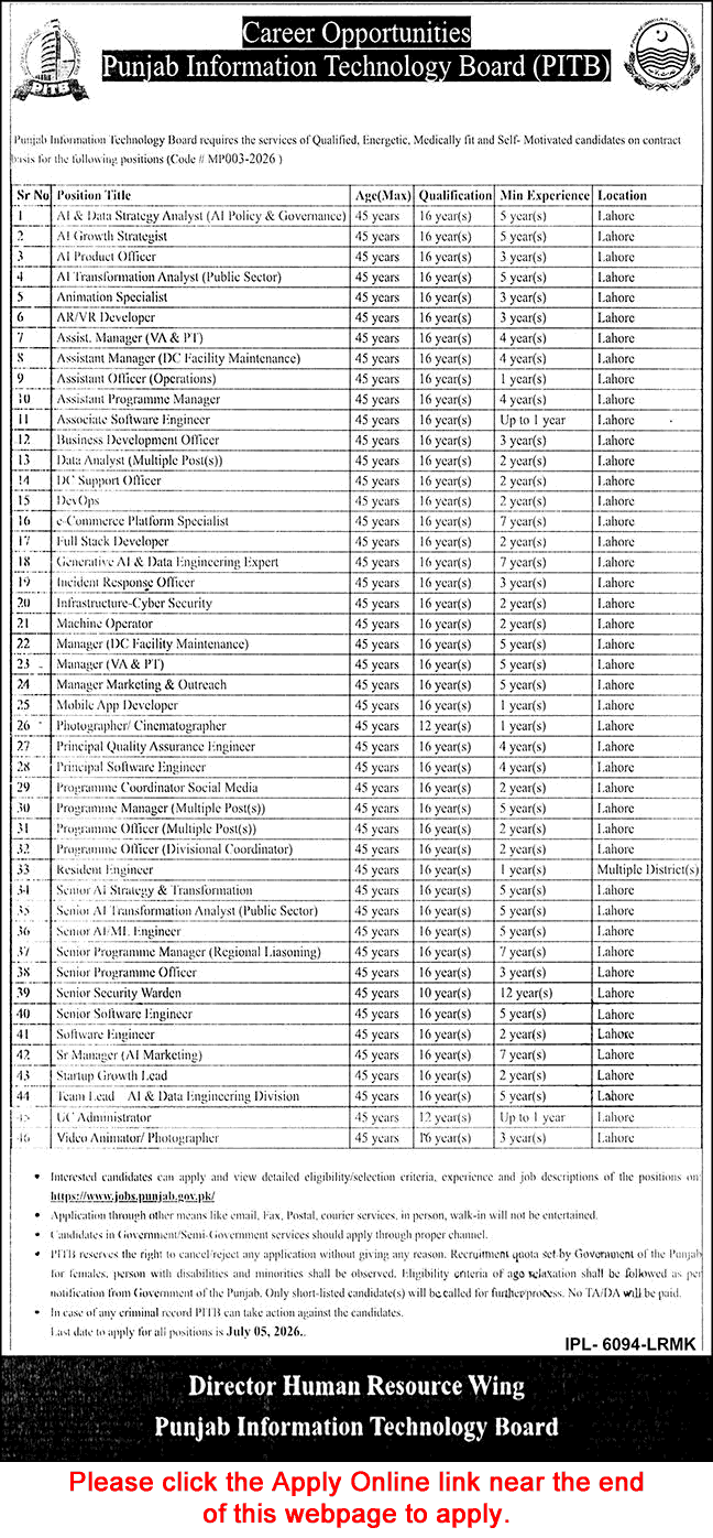 PITB Jobs 2026 advertisement for AI, Software Engineer and IT positions in Lahore
