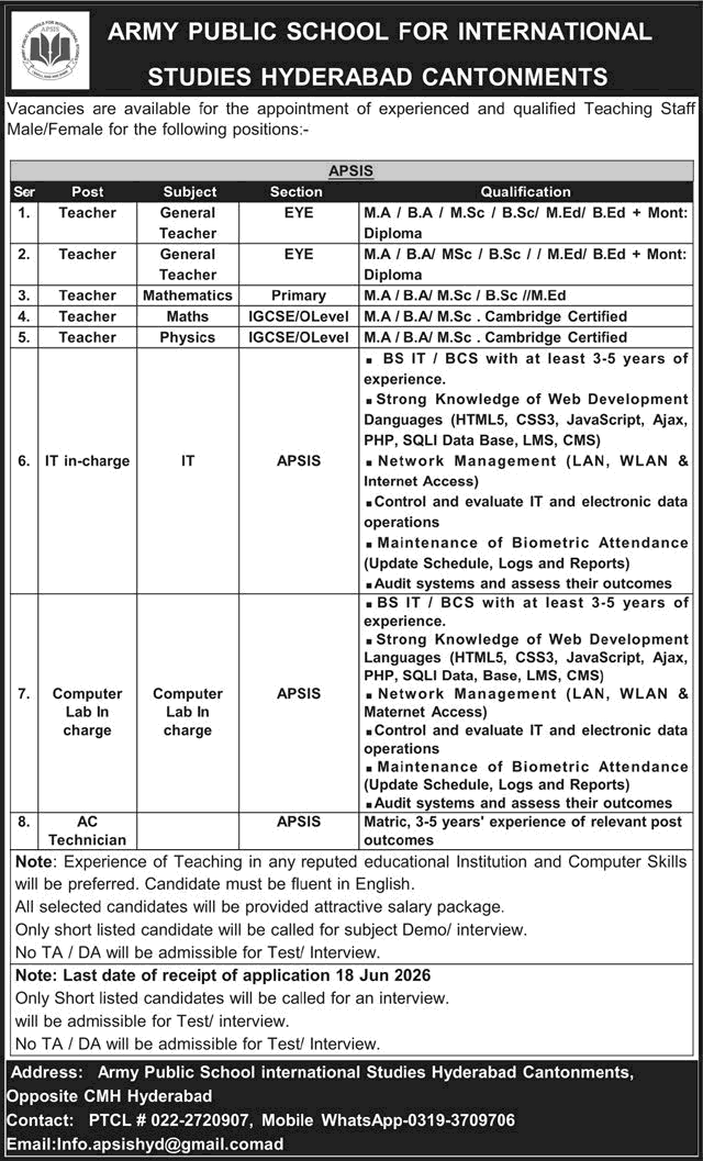 APSIS Hyderabad Cantt Teachers IT Incharge Computer Lab Incharge Jobs June 2026 Advertisement