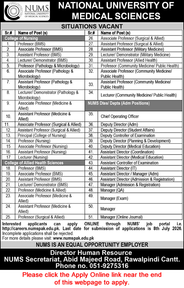 NUMS Rawalpindi Jobs June 2026 advertisement