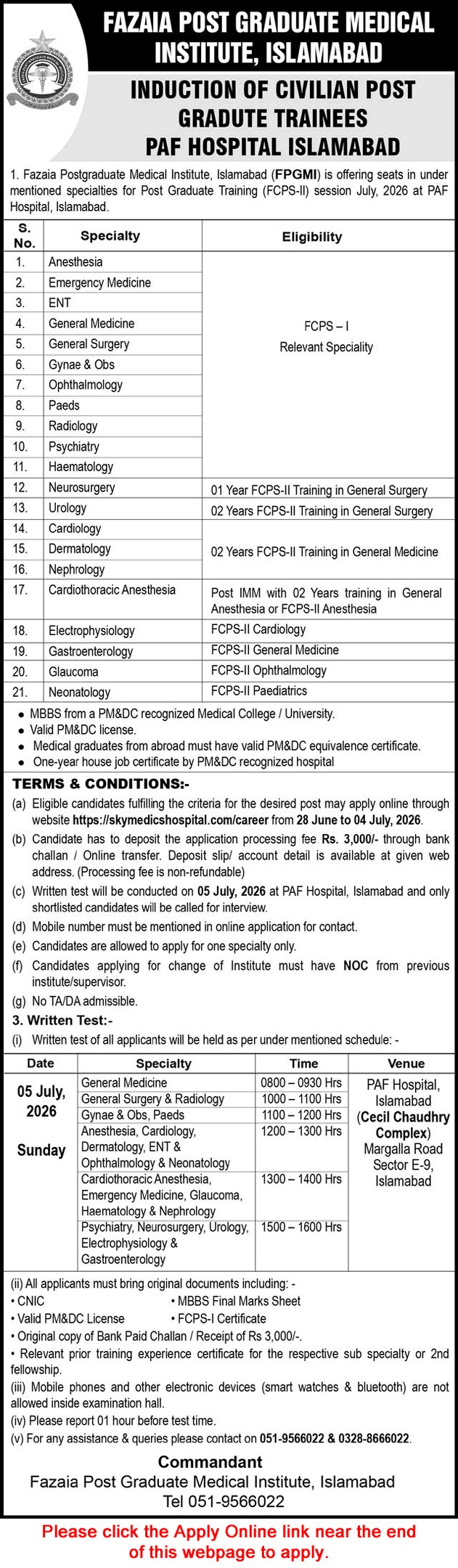FPGMI PAF Hospital Islamabad FCPS postgraduate training advertisement 2026.