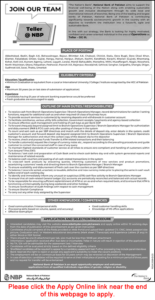 National Bank of Pakistan NBP Teller OG III Jobs May 2026 advertisement for Cash Officer and Cashier