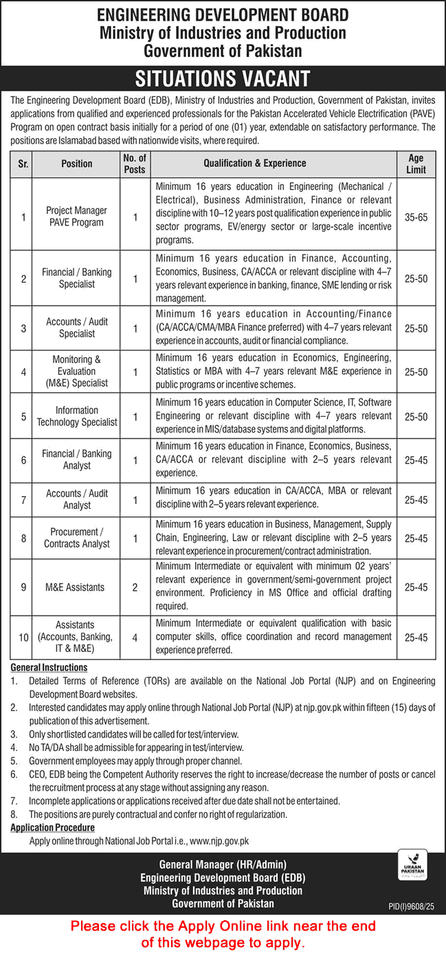 Engineering Development Board EDB Islamabad Jobs 2026 advertisement for PAVE Program specialists