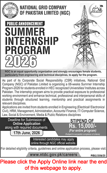 NGC Summer Internship Program 2026 advertisement for university students across Pakistan