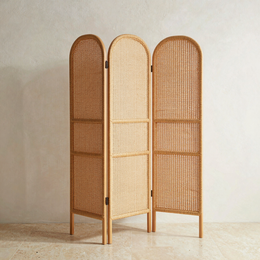 Oatmeal Rattan Three-Panel Screen