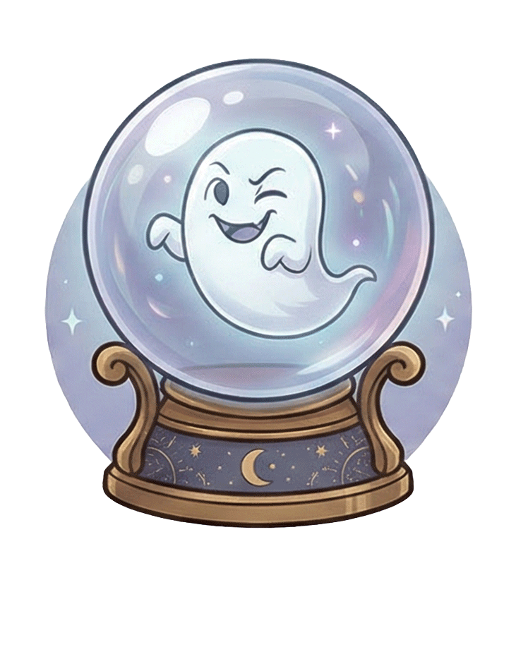 A cute ghost winks from inside a magical crystal ball, perfect for Halloween, spooky themes, or fortune-telling.