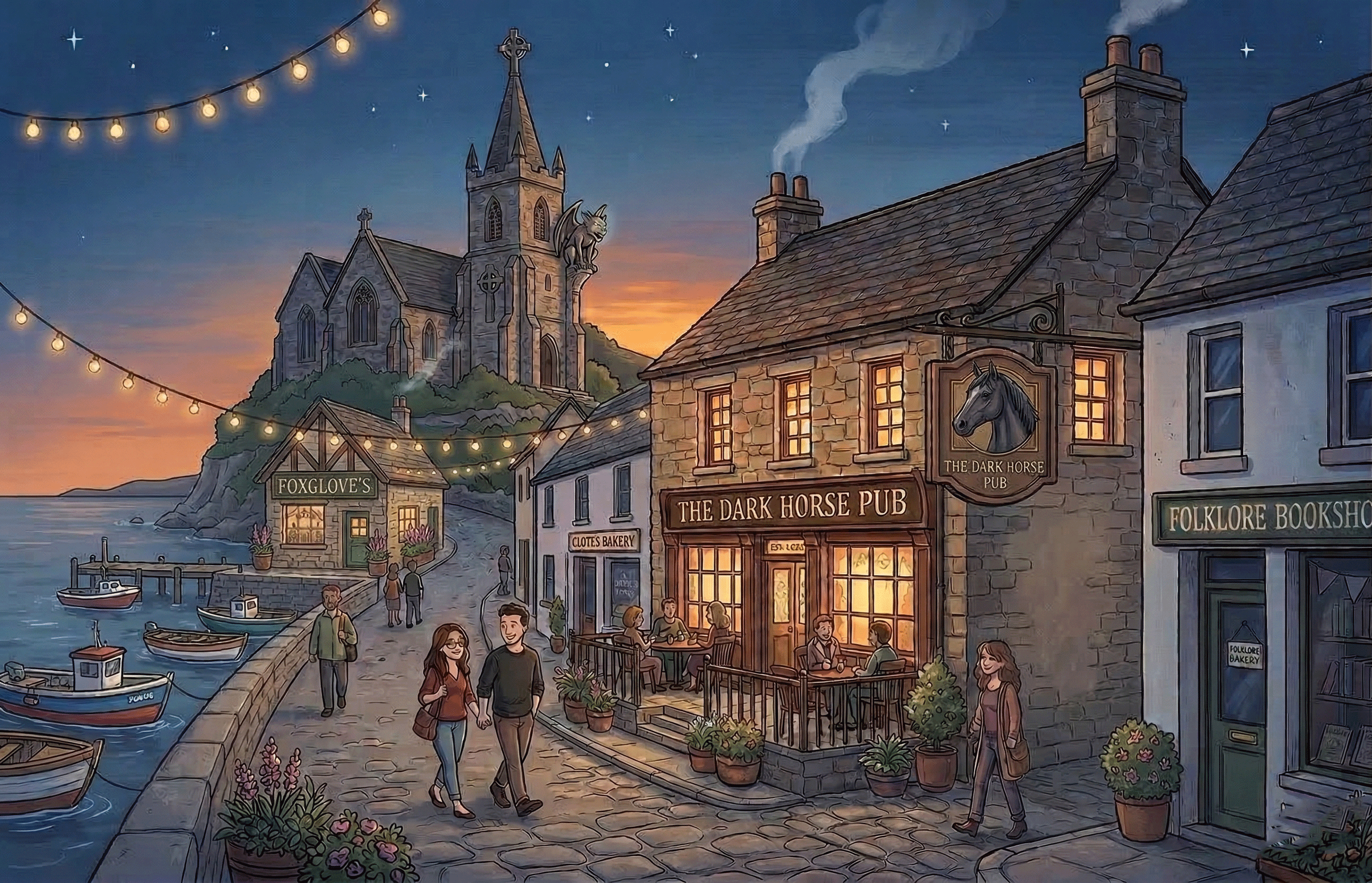 Folklore & Fables series world art — a coastal fantasy village at dusk with The Dark Horse Pub, Foxg