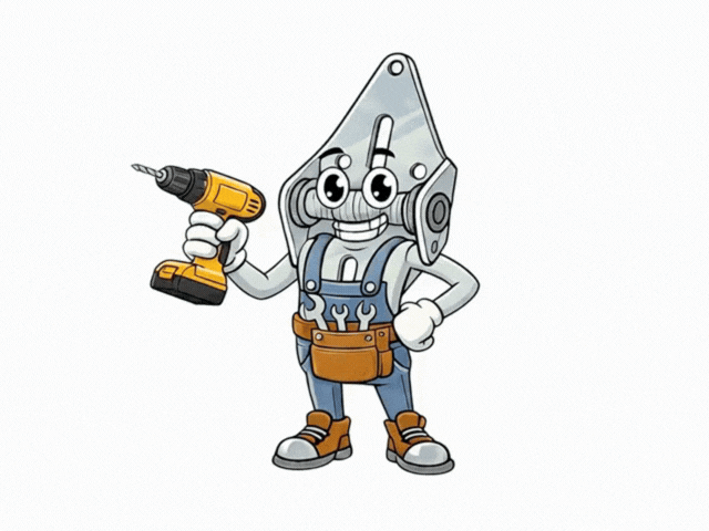 Cartoon construction mascot character holding a yellow cordless power drill and wearing tool belt.