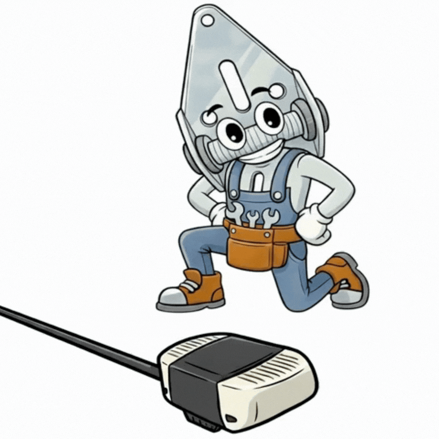 Cartoon handyman character with hardware head kneeling next to a garage door opener motor.