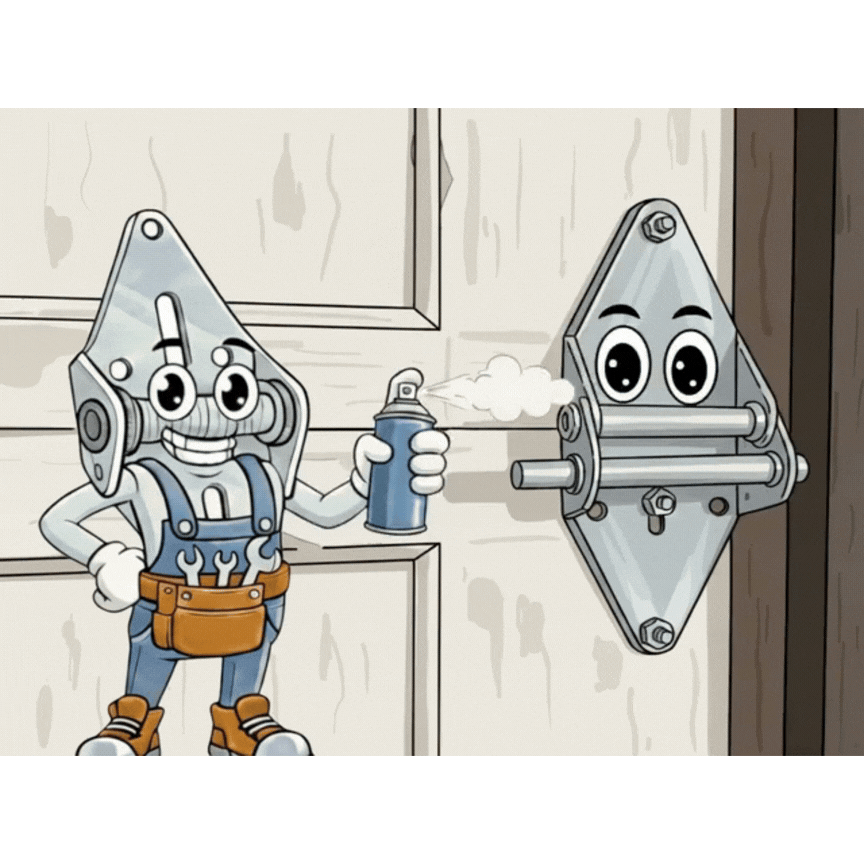 Cartoon garage door technician character spraying lubricant on a metal door hinge for maintenance.