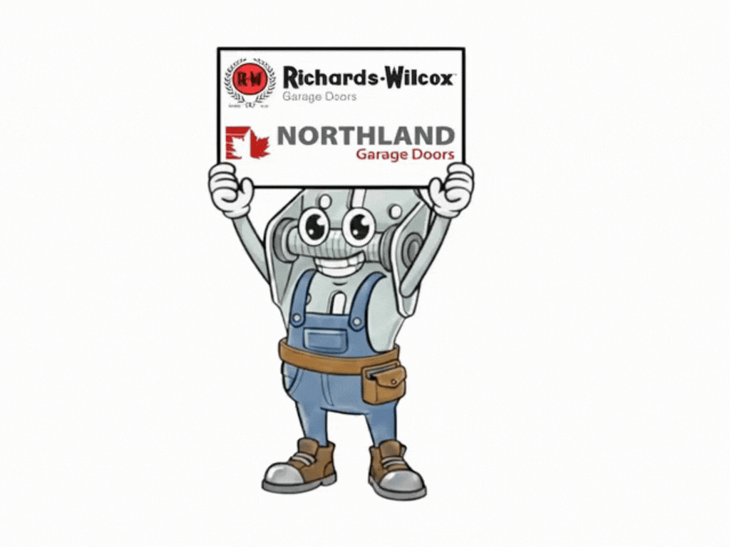 Cartoon garage door repair mascot holding a Richards-Wilcox and Northland Garage Doors sign.