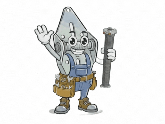 Friendly garage door repair mascot cartoon holding a torsion spring and tool belt.