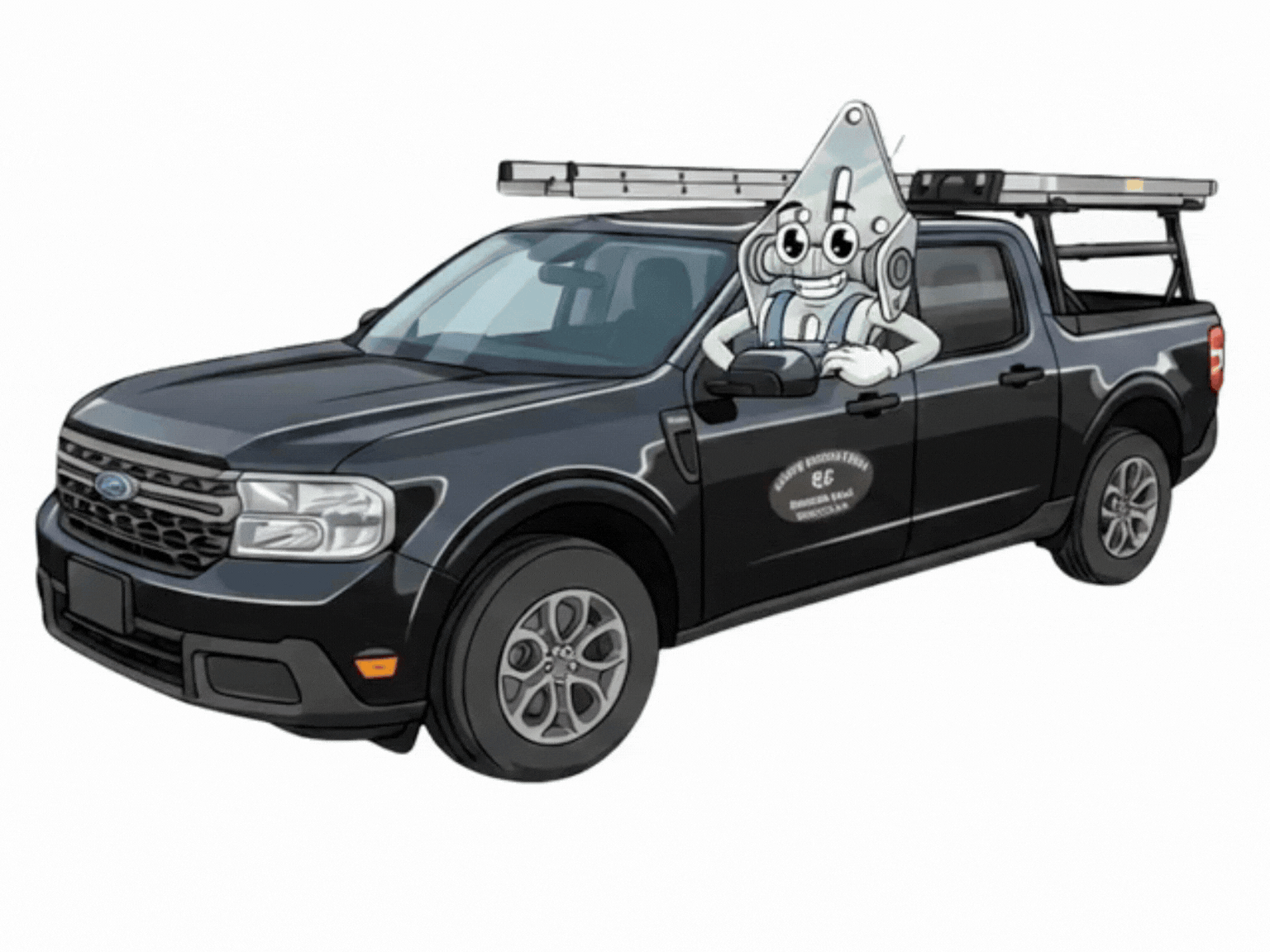 Black Ford Maverick work truck with ladder rack and cartoon mascot driving for service branding.