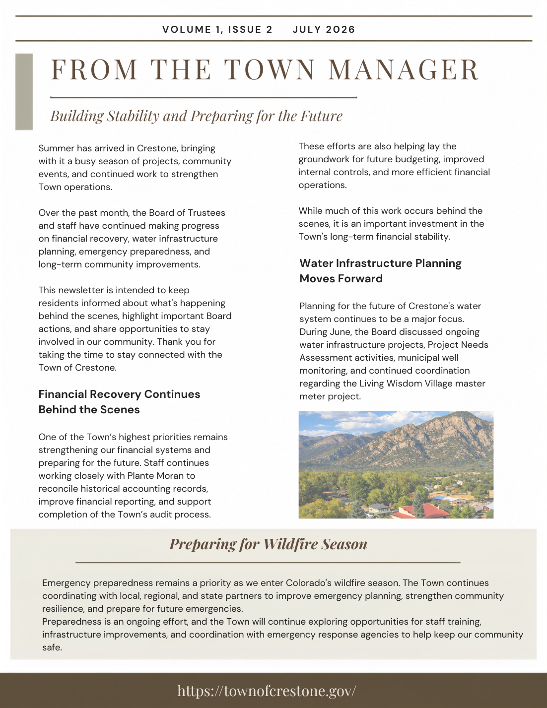 Town newsletter cover: summer projects and community events