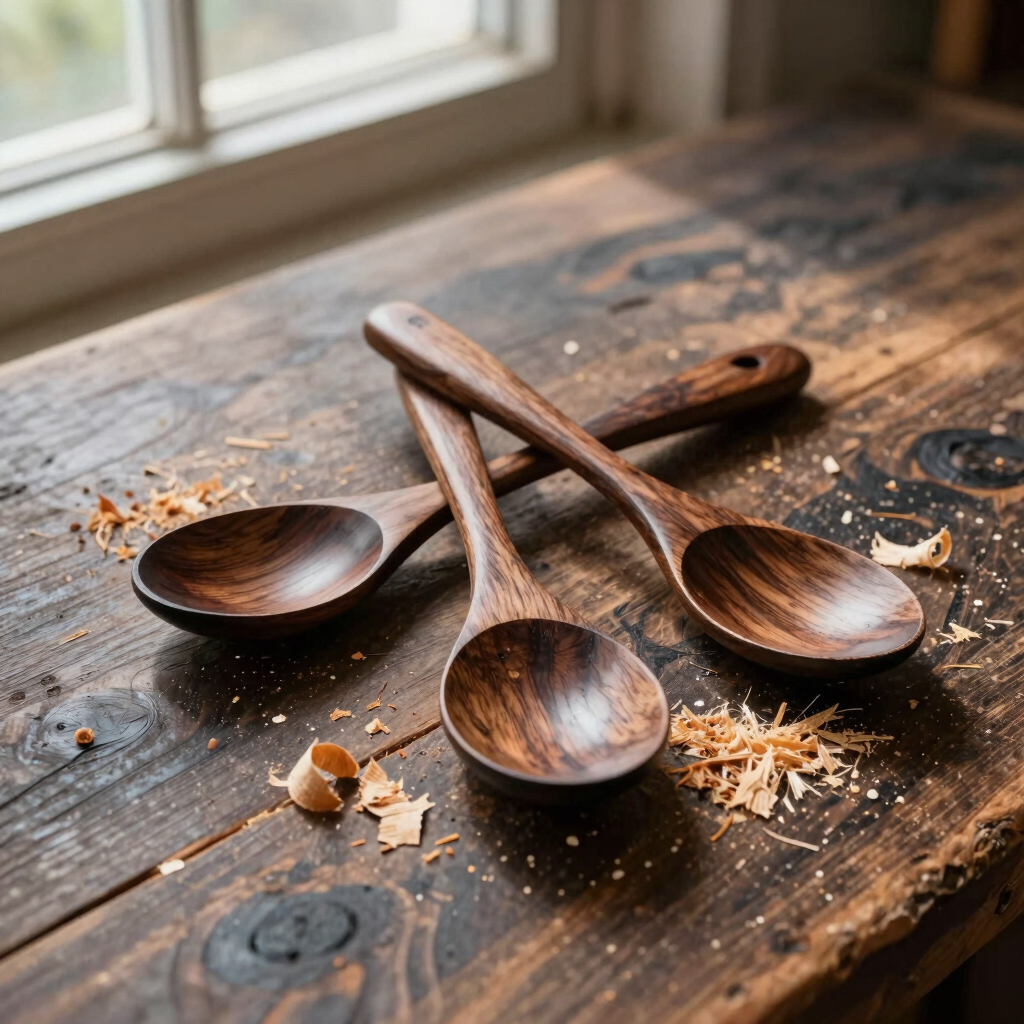 Hand-Carved Walnut Spoon Set