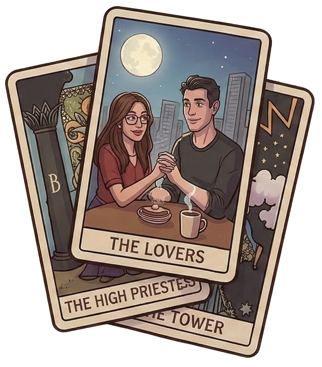Three tarot cards featuring "The Lovers" with a couple holding hands at a table under a full moon, plus glimpses of "The