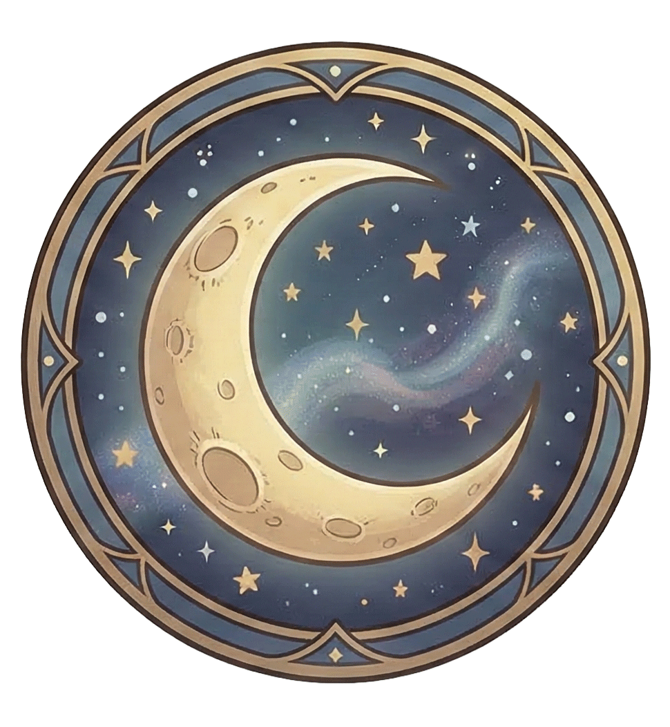 Mystical crescent moon and stars celestial emblem, an enchanting night sky design for decorative purposes.