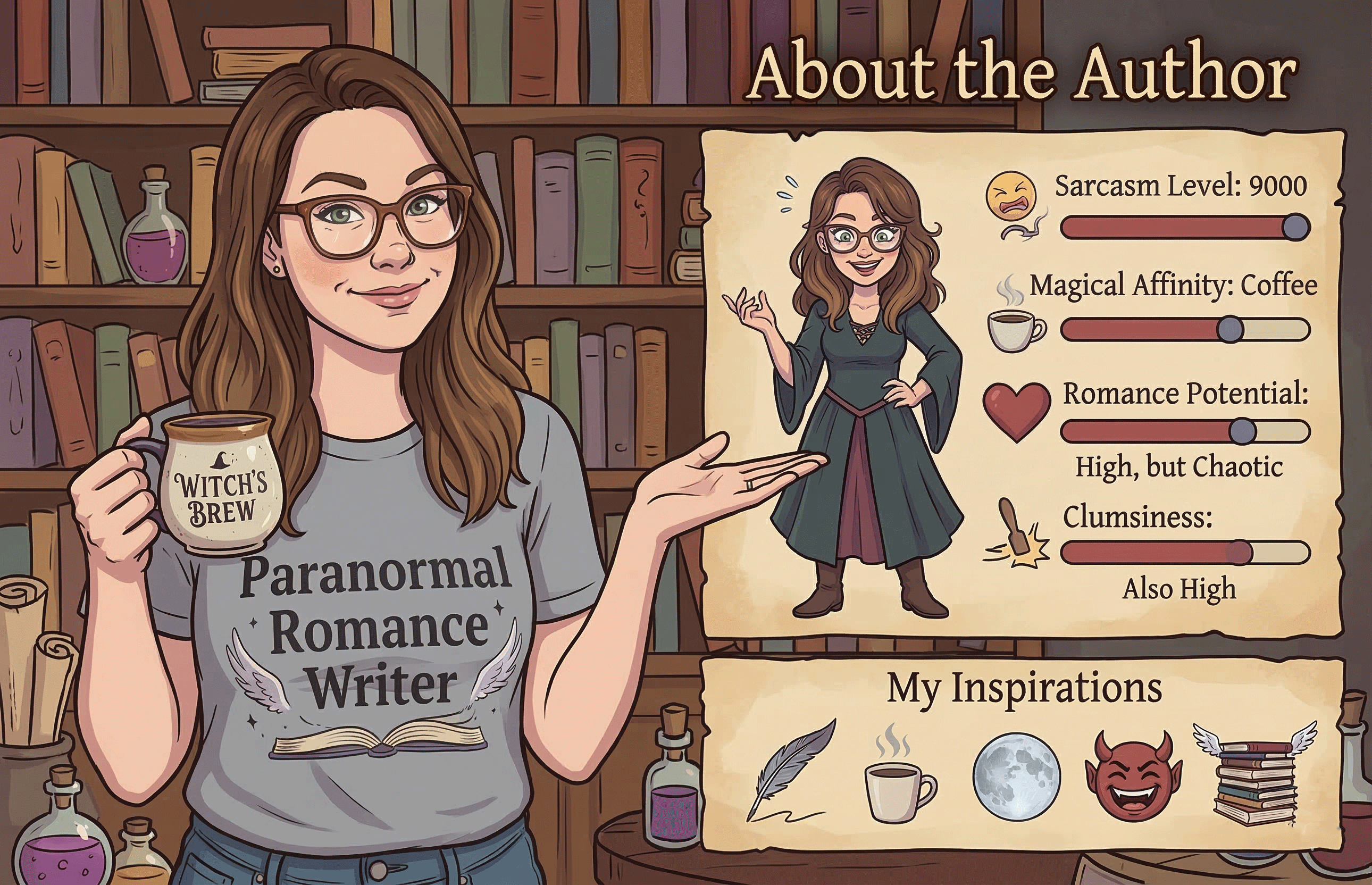 Illustrated about the author graphic for a paranormal romance writer featuring a fantasy bookshelf background.