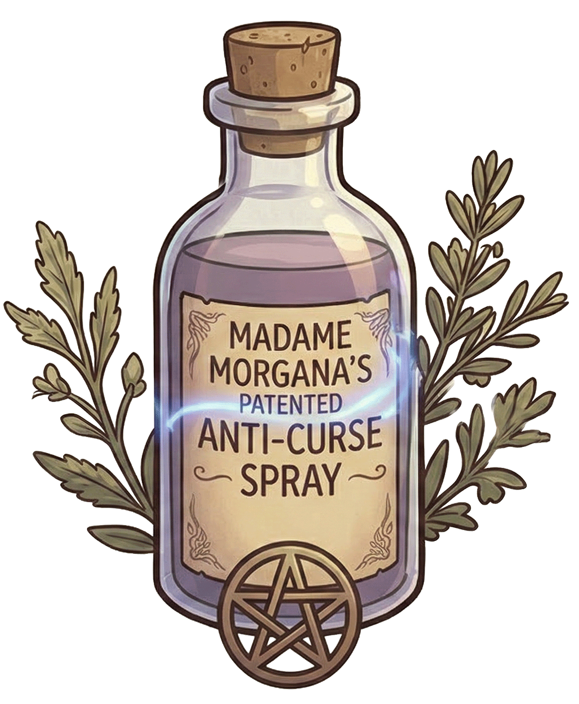 A vintage-style bottle labeled "Madame Morgana's Patented Anti-Curse Spray" with glowing blue liquid, surrounded by herbs