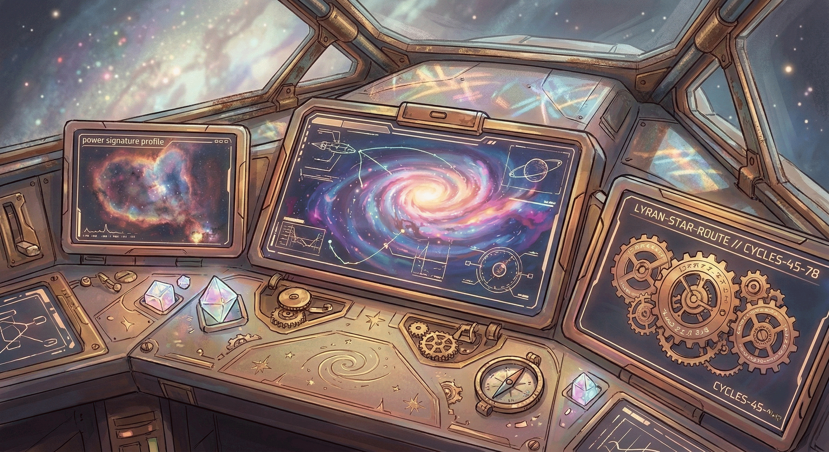 Sci-fi spaceship cockpit overlooking a glowing spiral galaxy with digital navigation screens.