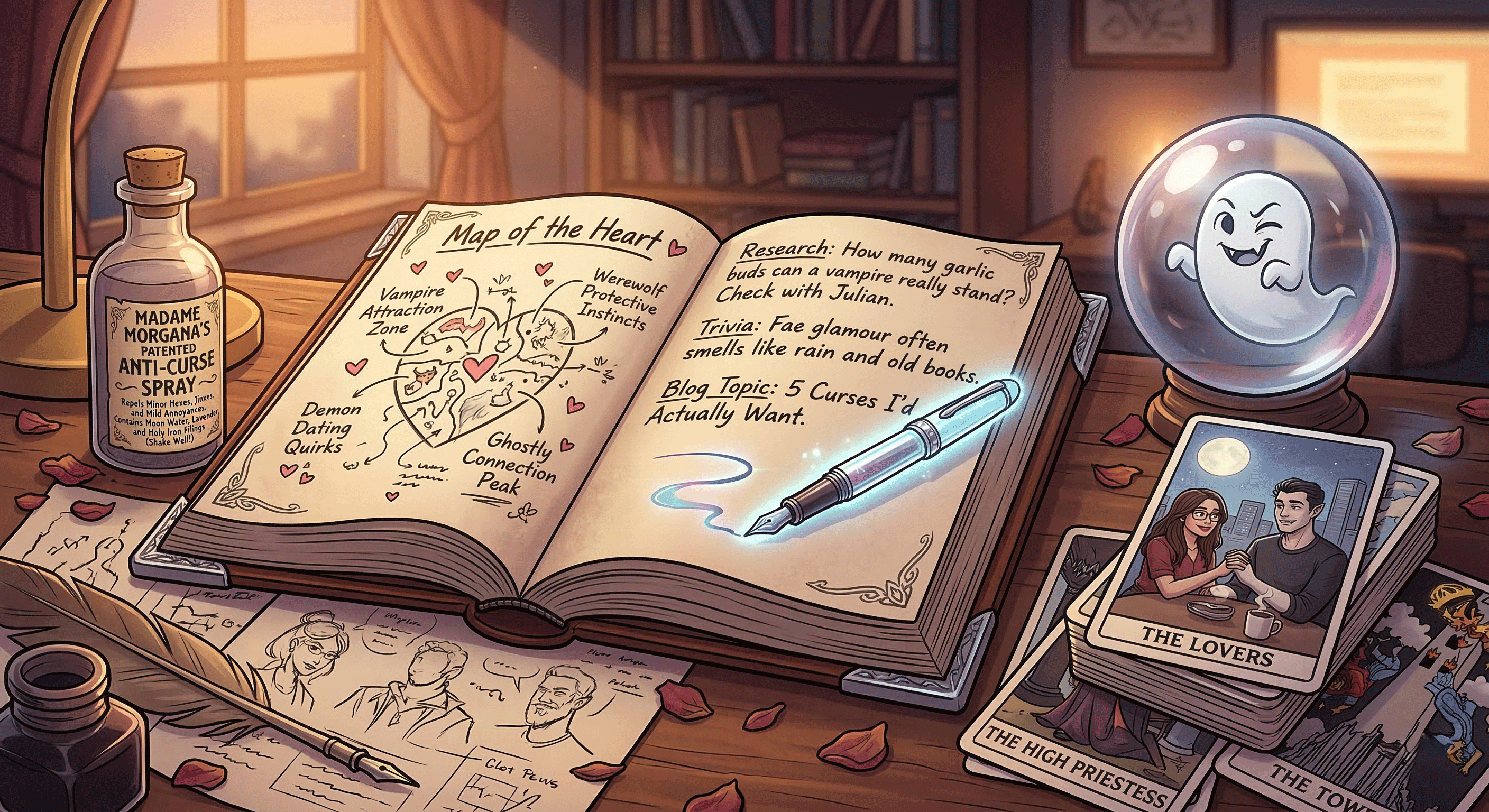 Cozy desk with an open grimoire, tarot cards, a glowing pen, and a cute ghost in a crystal ball.