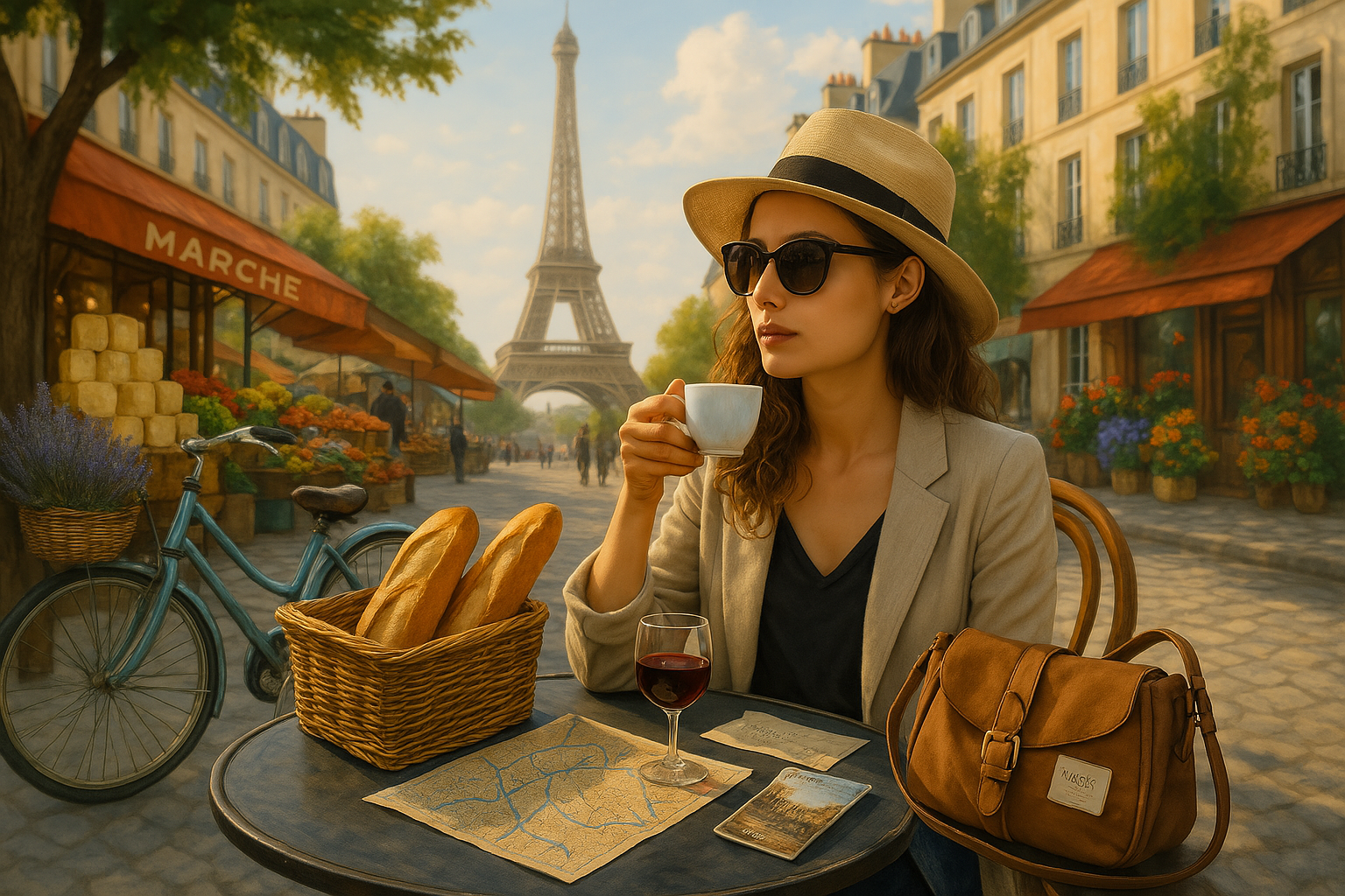 Woman enjoying coffee at a Parisian cafe with Eiffel Tower view, embodying luxury France on a budget 2025 travel