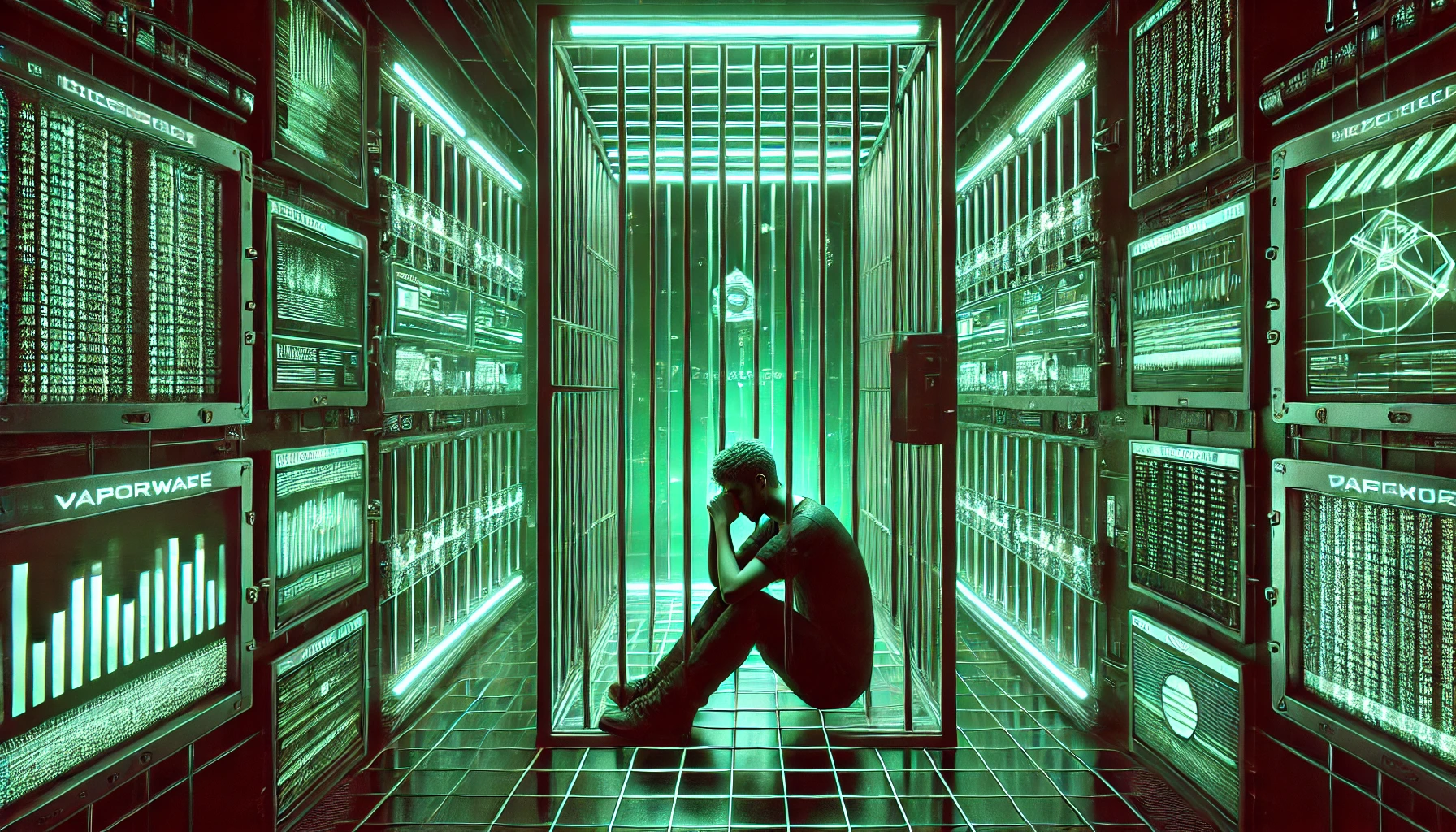 a man sitting in a jail cell phone booth