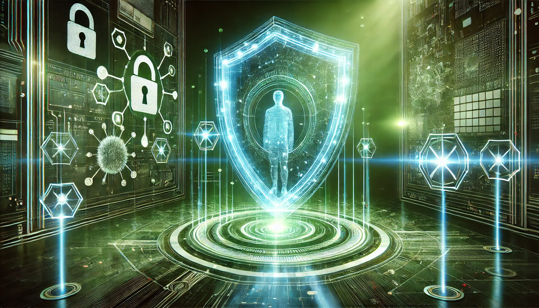 a man standing in front of a large screen with a lock on it