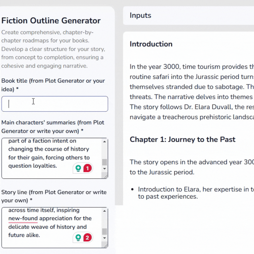Screen shot of the Fiction Outline Generator App