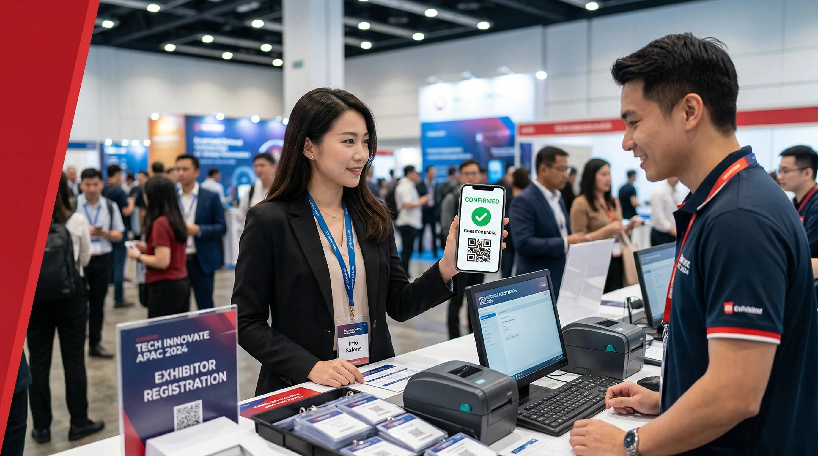 Exhibitor receiving digital confirmation at trade show registration desk