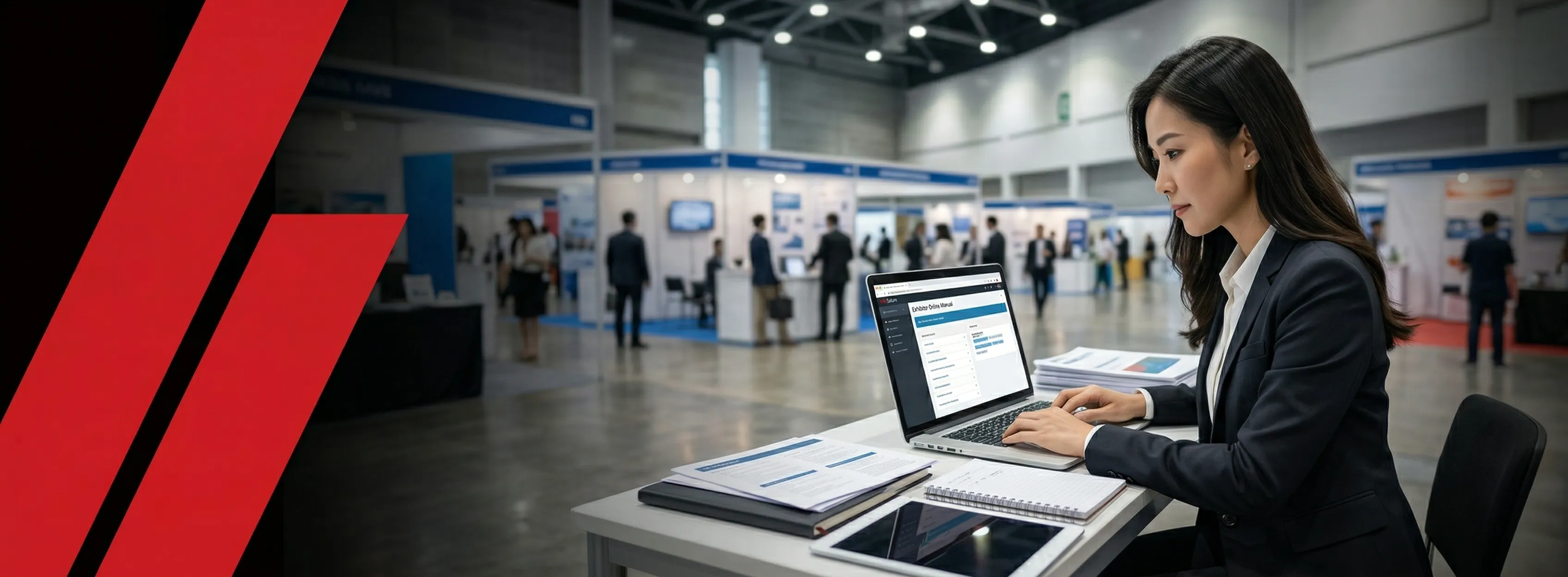 Trade show organiser reviewing digital exhibitor management portal ahead of event