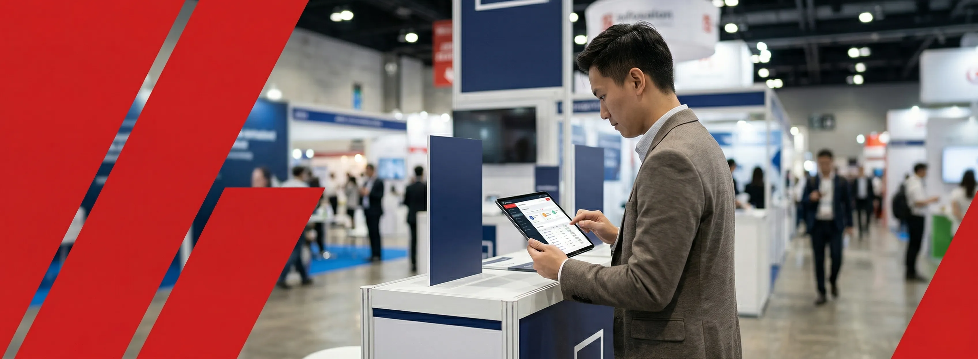 Exhibitor reviewing portal dashboard at trade show booth