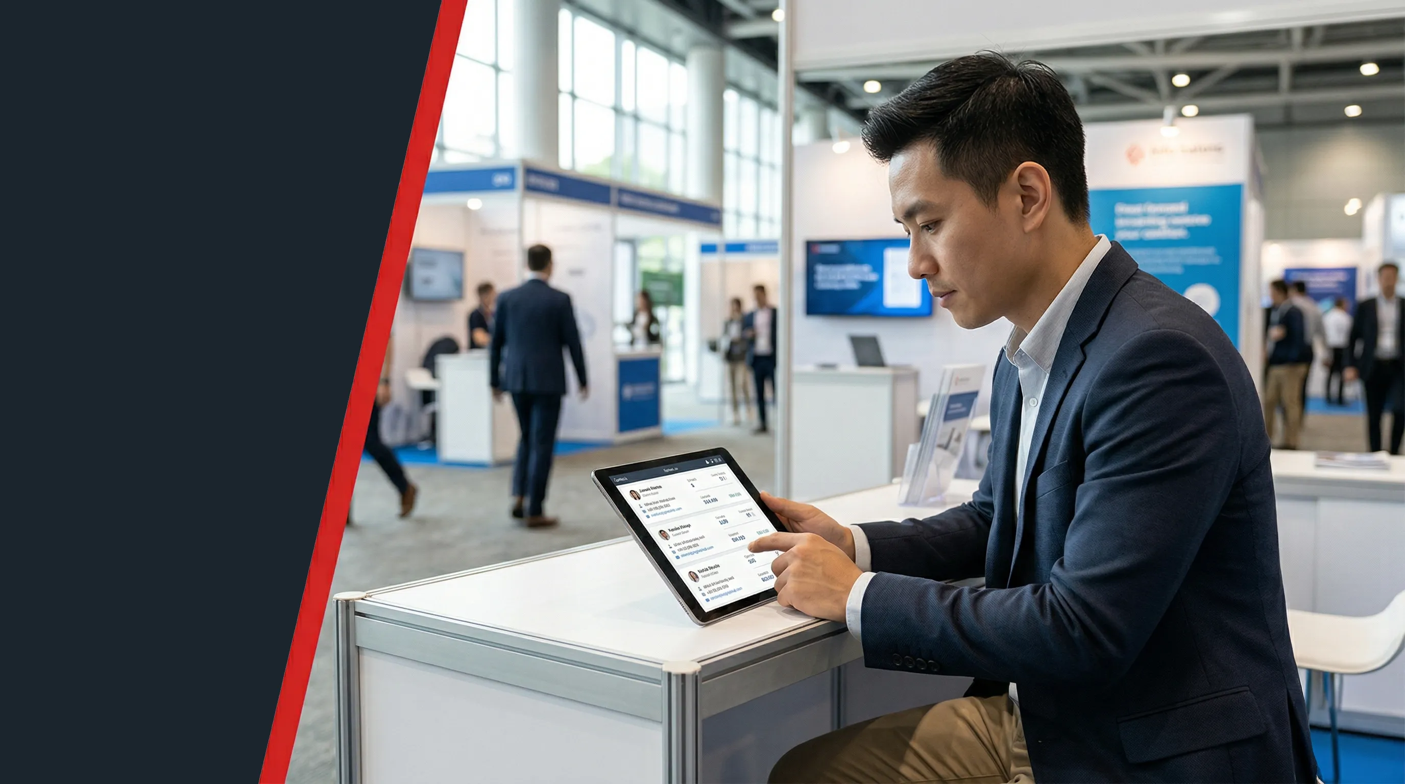 Exhibitor reviewing captured lead data on tablet at trade show booth