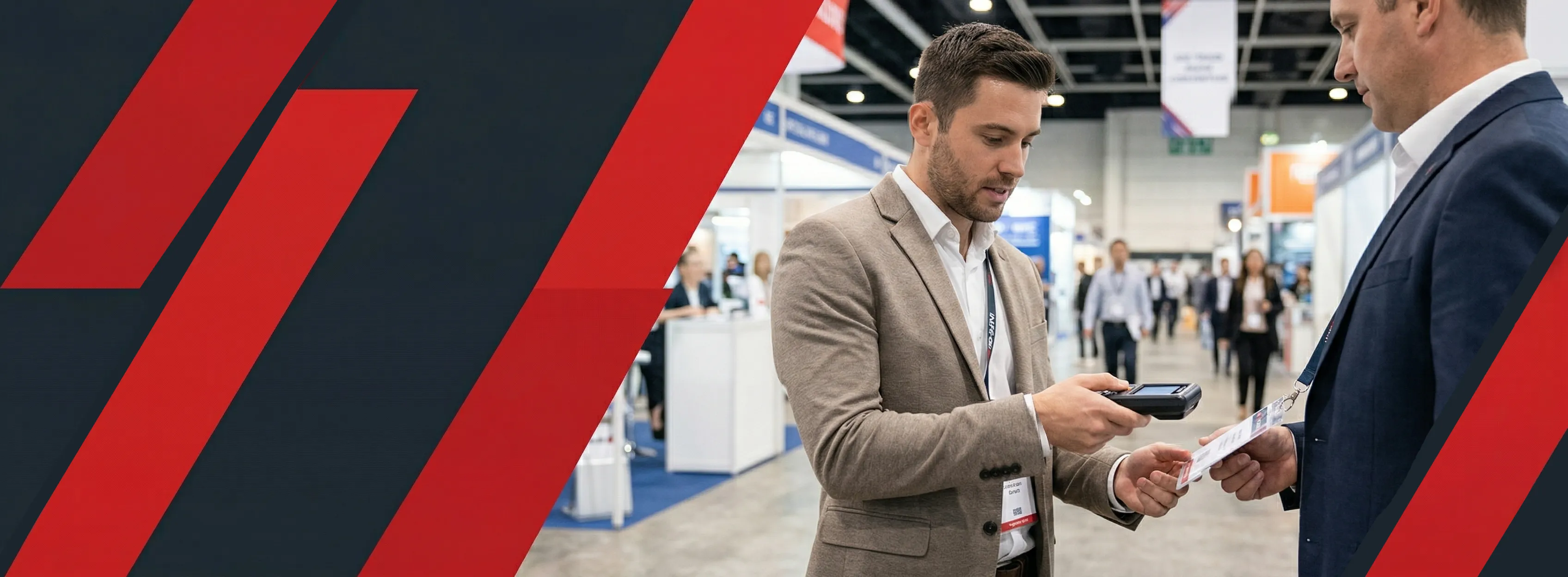 Exhibitor scanning attendee badge at APAC trade show with handheld lead capture device