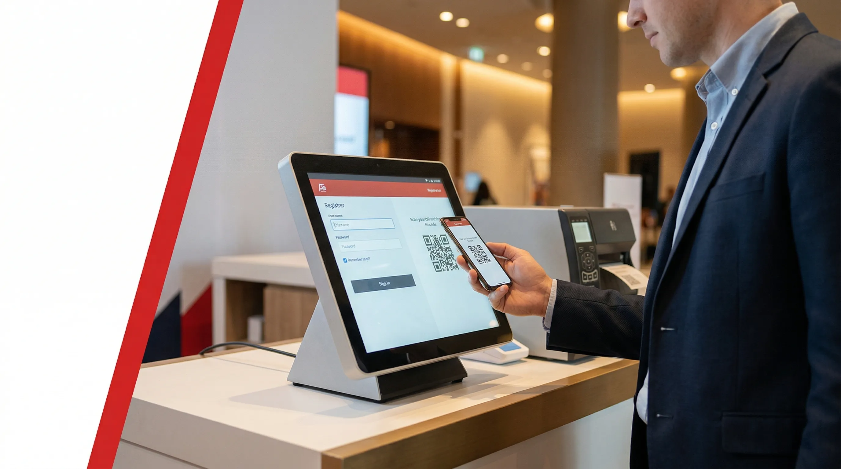 Attendee scanning QR code at self-service registration kiosk with onsite badge printer at APAC trade show