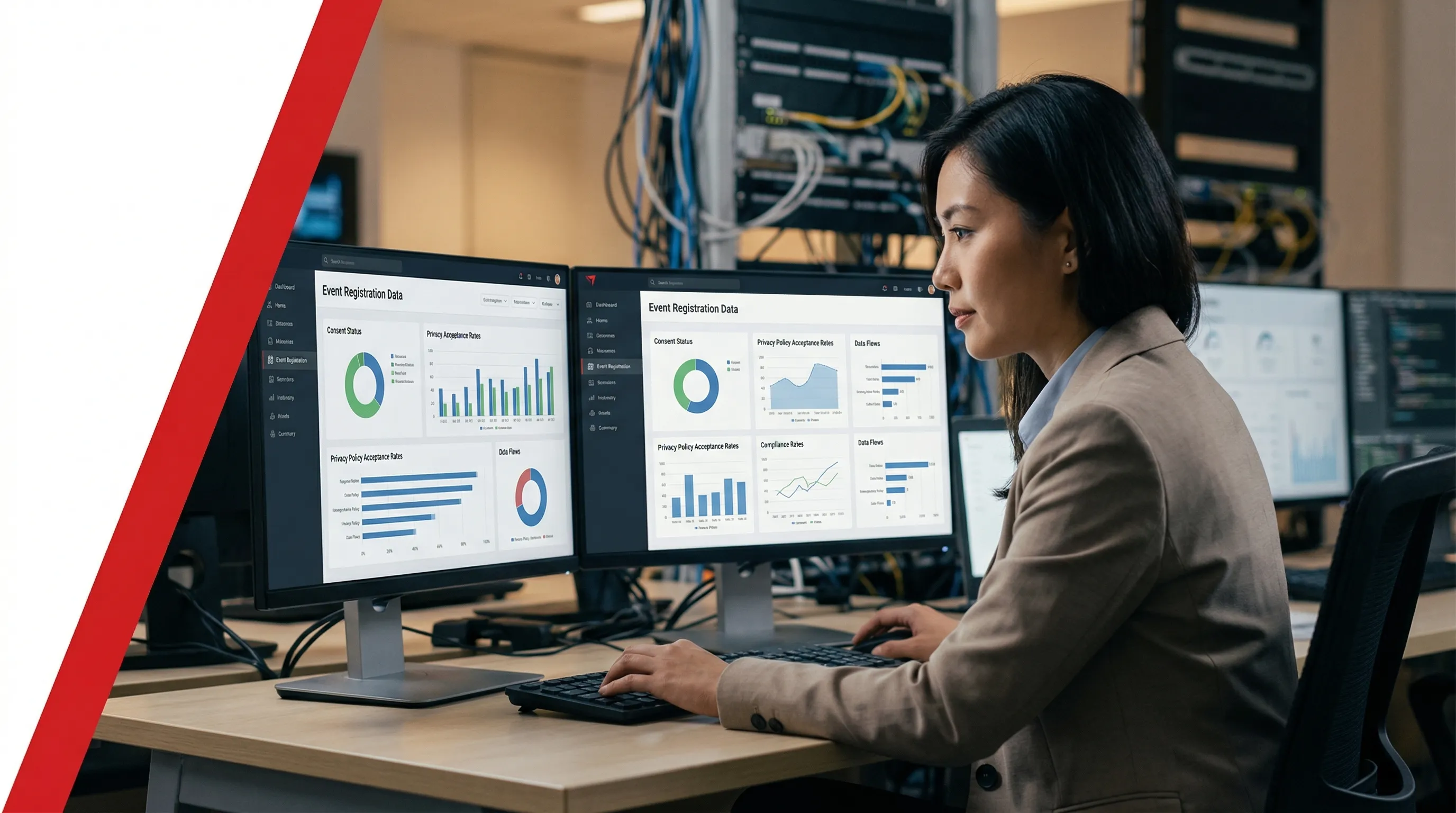 Event IT professional reviewing registration data compliance dashboard at exhibition operations desk