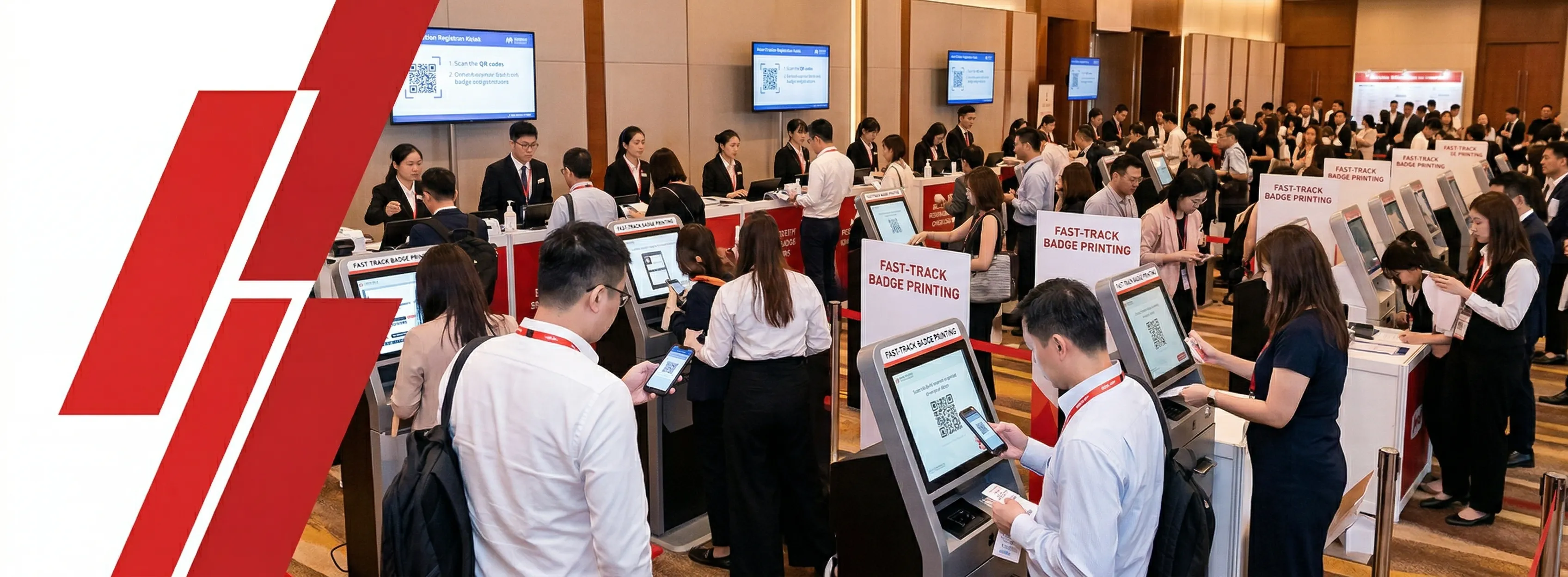 Onsite registration kiosks at a large-scale trade exhibition in Hong Kong, showing self-service badge printing stations and professional attendee check-in flow