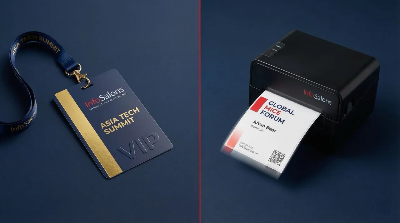 Pre-printed VIP badge versus on-demand thermal badge — hybrid production comparison at trade exhibition
