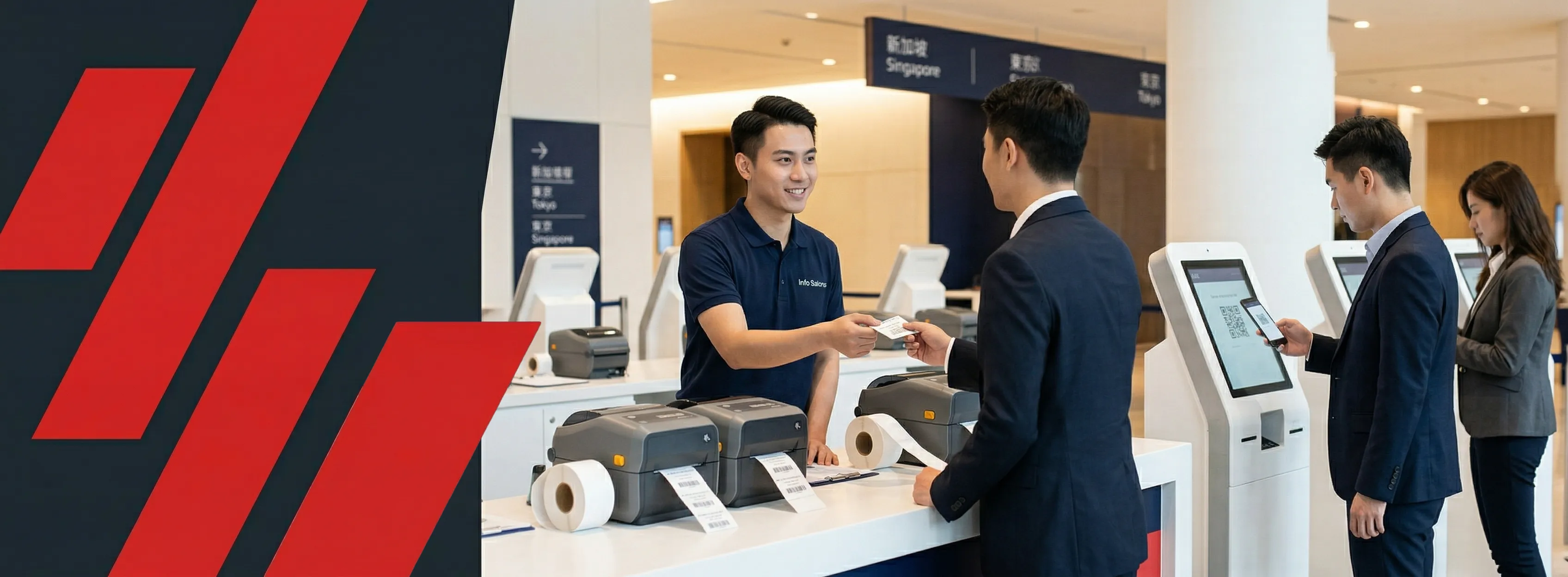 Staff handing printed badge to attendee at on-demand badge printing station, APAC trade exhibition