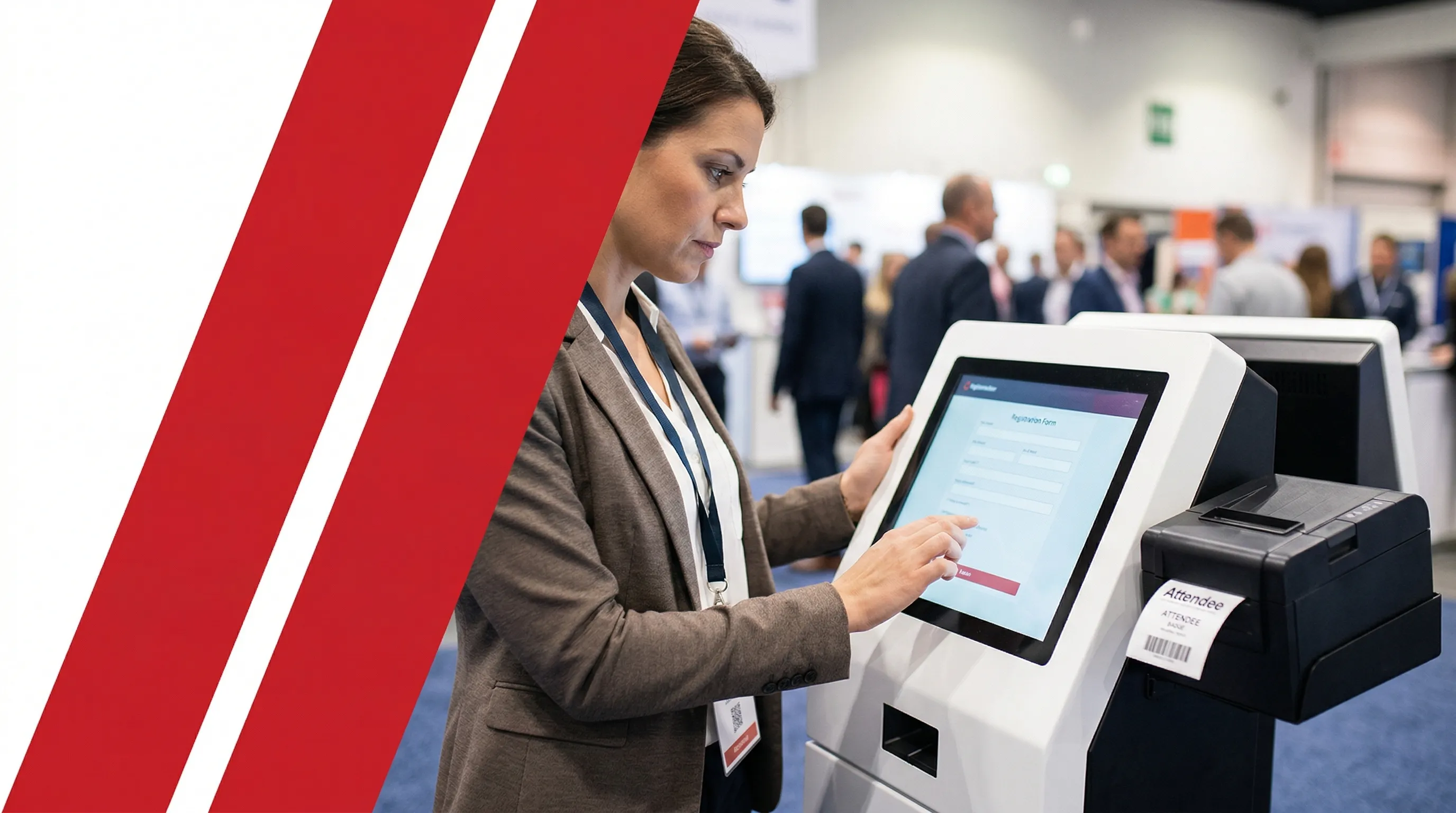 Walk-in attendee completing self-service onsite registration at trade show kiosk with on-demand badge printing