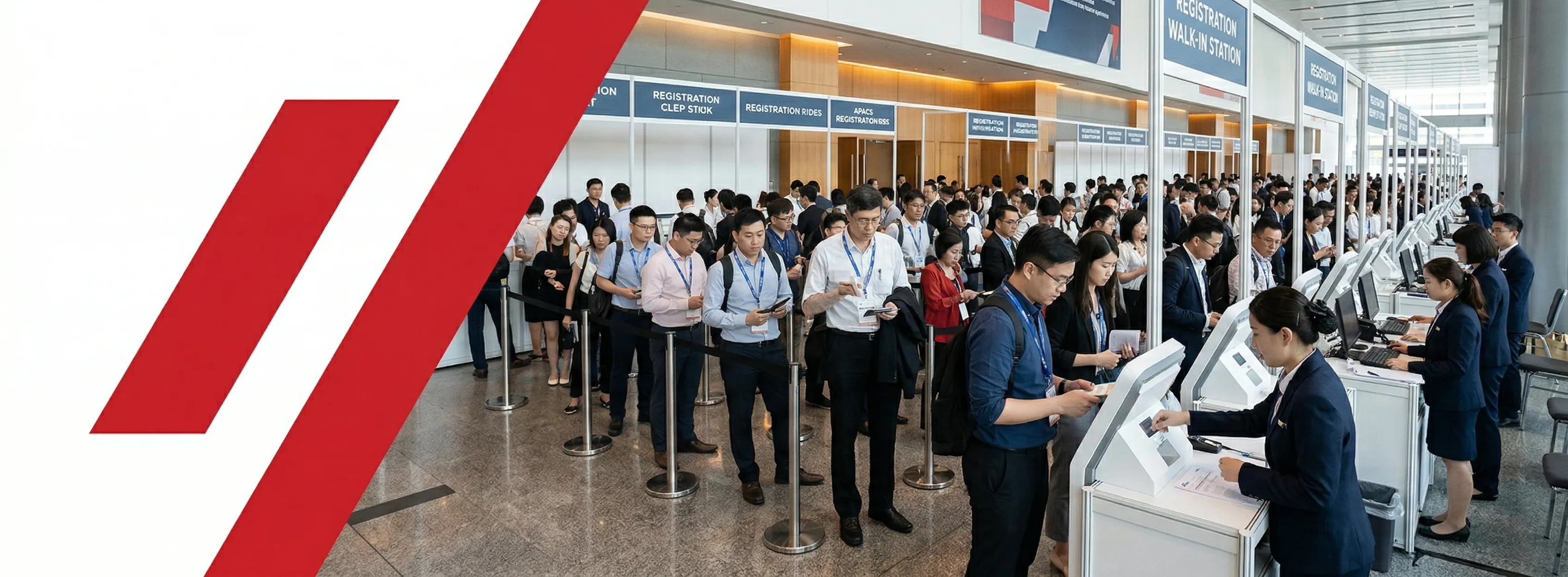Attendees at dedicated walk-in registration kiosks at trade show entrance in APAC convention centre