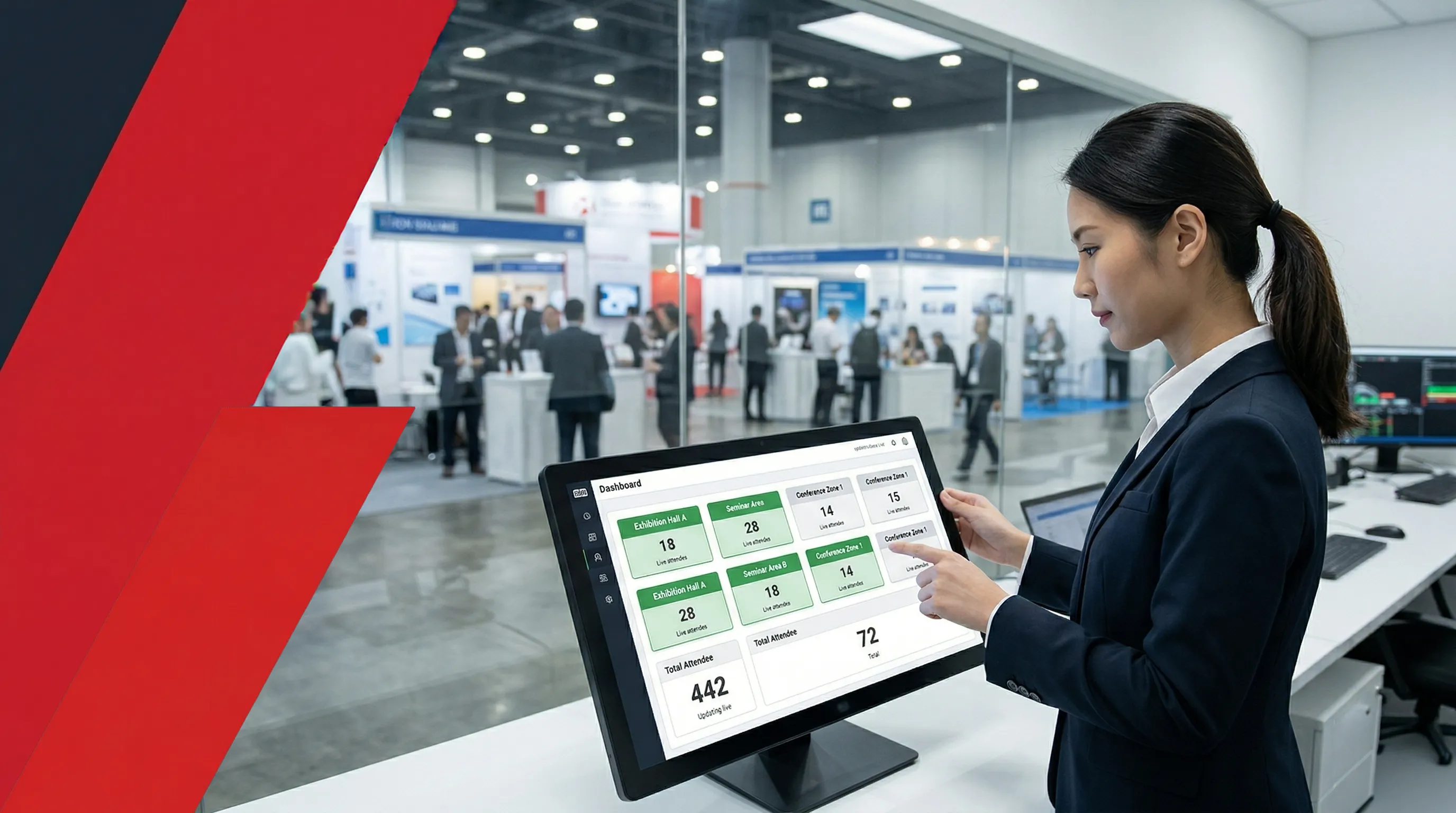 Event operations staff monitoring real-time zone access data dashboard during trade show
